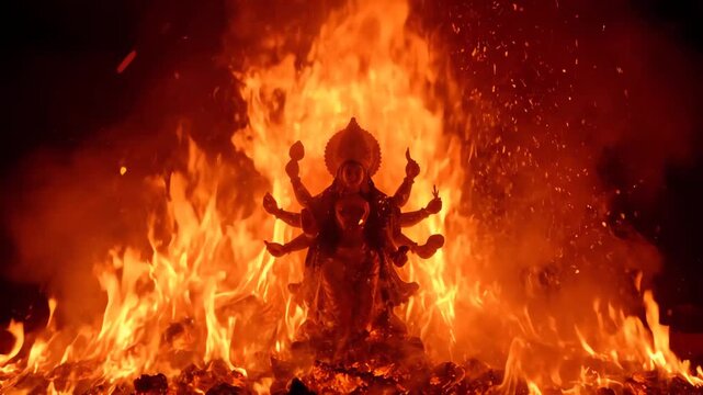 Hindu Goddess Durga Statue Ablaze in Fiery Ritual Celebrations