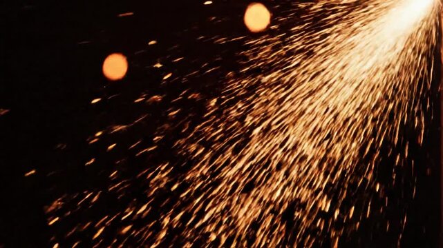 Fiery Sparks Flying From Grinding Metal in Darkness.