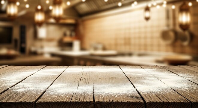 Rustic wooden table dusted with flour in a warmly lit, atmospheric restaurant kitchen with hanging lanterns, creating a cozy and inviting food preparation backdrop. ramadan