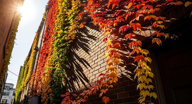Climbing vines display vibrant autumn colors on a brick building wall.
