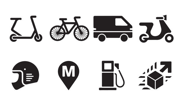 Delivery vehicles and service icons. scooter, bike, van, helmet, fuel, and package symbols
