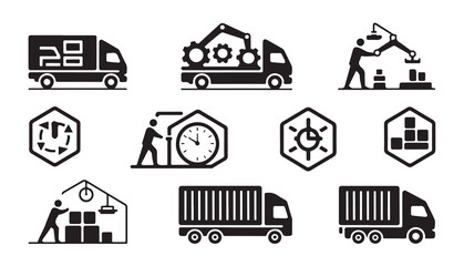 Naklejka premium Logistic operations icons showing warehouse workers loading trucks and automated distribution