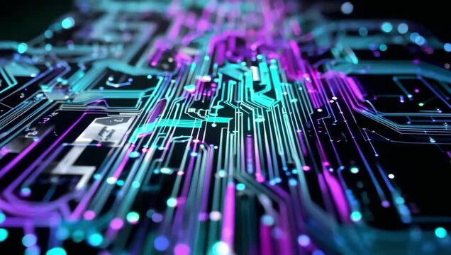 Papan sirkuit futuristik dengan lampu neon dan aliran data