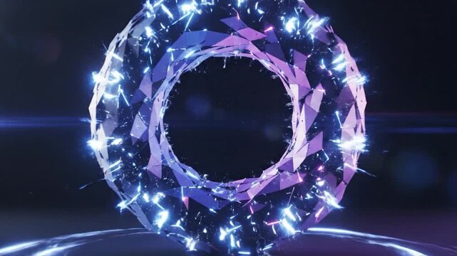 Abstract glowing polygonal torus shape with vibrant light effects on a dark
