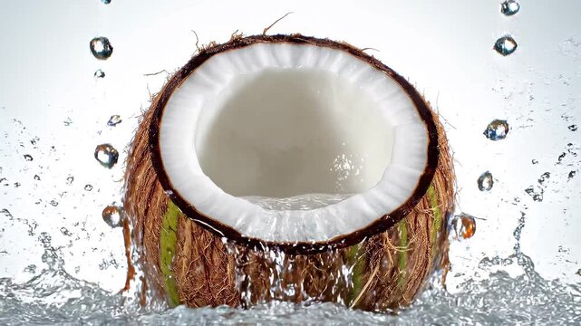 Air mengalir ke dalam tempurung kelapa yang telah dibelah dua dengan efek percikan.