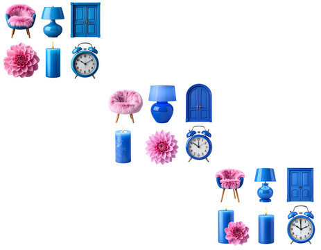 A collection of blue and pink objects on a transparent background