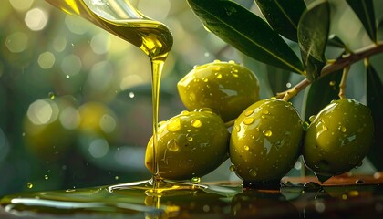 Close-up of olive oil pouring onto ripe green olives on a branch