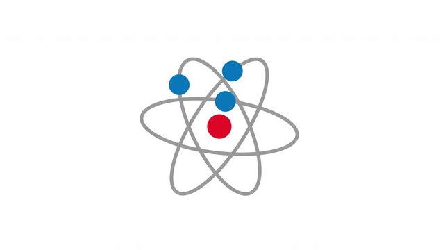 Animated atom structure with electrons orbiting a red nucleus for science education physics chemistry and nuclear energy concept. Alpha channel