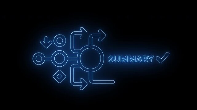 Neon blue flowchart diagram with arrows and circles on a black background with the word SUMMARY.