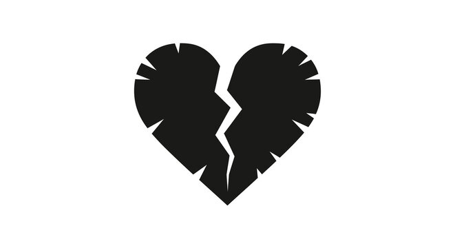 A stark black silhouette of a heart split dramatically down the center with jagged edges, symbolizing profound emotional pain, loss, and the breakdown of relationships or deep personal sadness