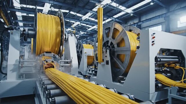 Industrial machinery producing yellow electrical cables in a modern factory