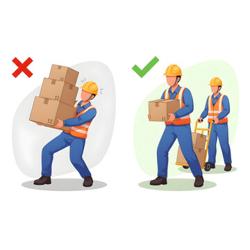 Workplace Safety Worker Lifting Boxes Proper Weight Handling Factory Ergonomics Vs Overloading Flat Vector Illustration