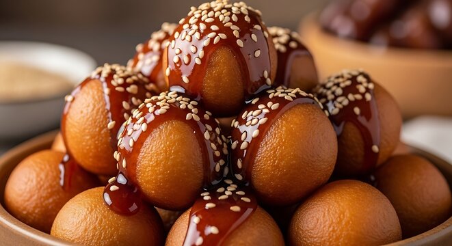 Luqaimat sweet dumplings with date syrup and sesame seeds