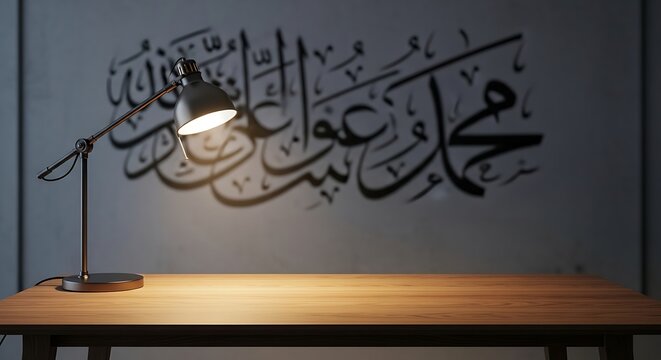 Elegant Arabic calligraphy of "Muhammad Rasul Allah" illuminated by a modern desk lamp casting dramatic shadows on a wooden table against a textured wall. ramadan