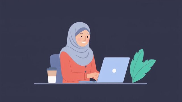 Firefly Flat vector illustration of hijab office worker typing on laptop, corporate design style, cl.mp4_preview