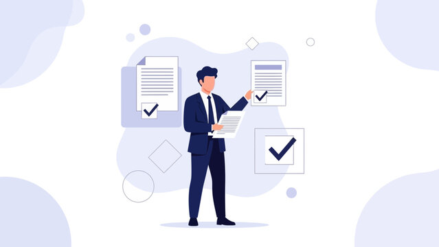 Businessman reviewing documents with checkmarks, concept of approval and confirmation