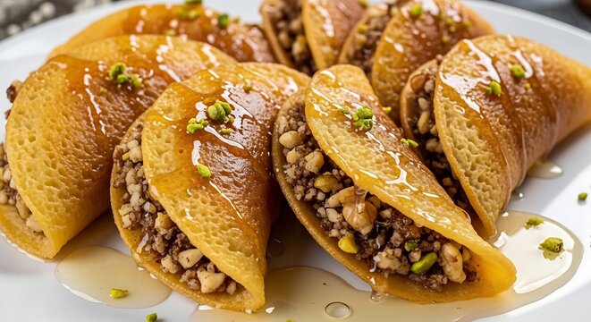 Close up of sweet qatayef pancakes filled with chopped nuts