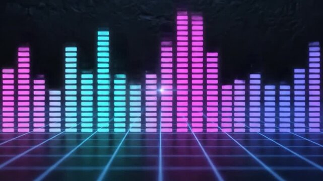 Vibrant digital equalizer bars pulse and glow on a retro grid background