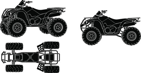 All terrain vehicle ATV quad bike silhouette set with side and top view technical drawings isolated on white background for off-road transport vector design. © Mst Hazera Bibi