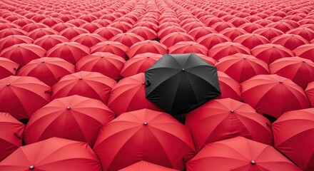 An overhead view of a sea of red umbrellas with a single black one standing out