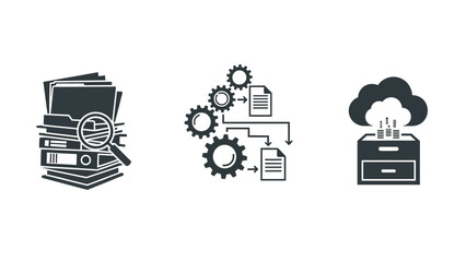 Obraz premium Data management and analysis icons workflow, cloud storage, and search