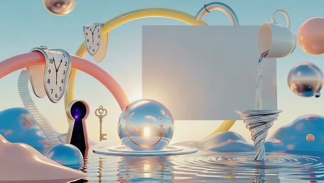 surreal pastel 3d fantasy scene with melting clocks, floating teacup pouring water into vortex, glass spheres, stairs, keyhole portal and copy space background. 