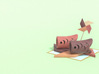 木製の鯉のぼりの置き物のある3DCG風景
