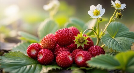 Close-up of ripe wild strawberries, flower, and green foliage bathed in sunlight
