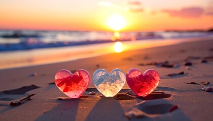 Fototapeta premium Three heart-shaped objects of varying colors sit on a sandy beach. A brilliant sunset provides background lighting