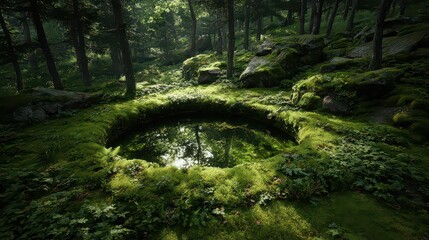 Sunlit Forest Glade Featuring Moss Covered Stone Pool Reflecting Sky in Lush Green Setting with Scattered Sunbeams Creating Tranquil Natural Ambiance