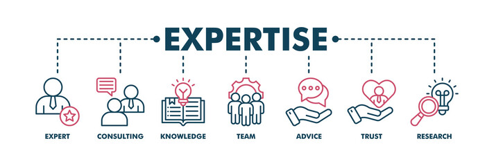 Obraz premium Expertise banner web color vector illustration concept representing of high-level knowledge and experience with an icon of expert, consulting, knowledge, team, advice, trust, and research