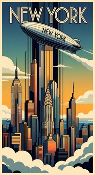 Retro cityscape features a zeppelin flying over skyscrapers at sunset.