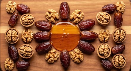 Fototapeta premium Overhead shot of a wooden board artfully arranged with dates, walnuts, and honey
