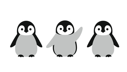 Fototapeta premium Three adorable cartoon penguins are standing together on a white background with the middle one playfully waving its flipper at the viewer.