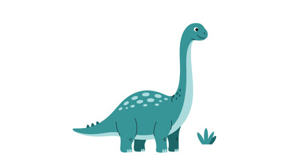 Fototapeta premium Massive turquoise long-necked dinosaur with white spots and a small smile stands near a tuft of green grass in this prehistoric illustration.