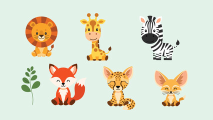 Fototapeta premium Adorable set of six cartoon wild animals includes a lion, giraffe, zebra, fox, cheetah, and fennec fox sitting happily in a group.