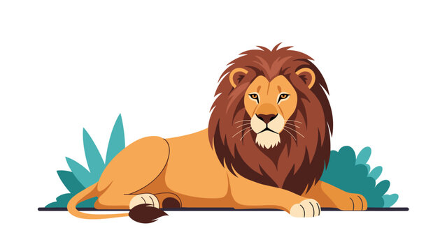 Majestic male lion with a thick brown mane is depicted lying calmly among green bushes in a stylized savannah landscape illustration.