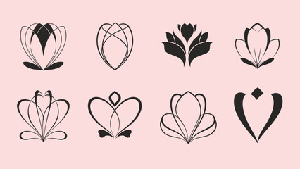 Set of eight stylized floral or tulip logo icons in solid black color presented on a soft pink background.