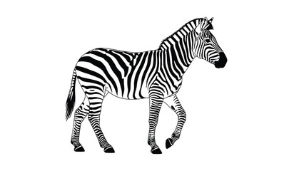 Obraz premium Realistic black and white illustration of a zebra walking with its distinctive striped pattern isolated on white.