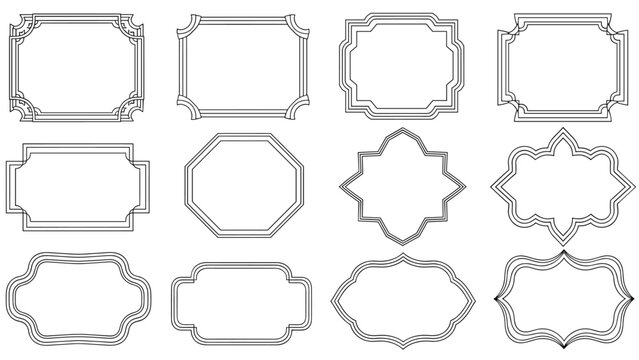 Collection of twelve decorative border frames with intricate geometric lines and curves in a black line art style.