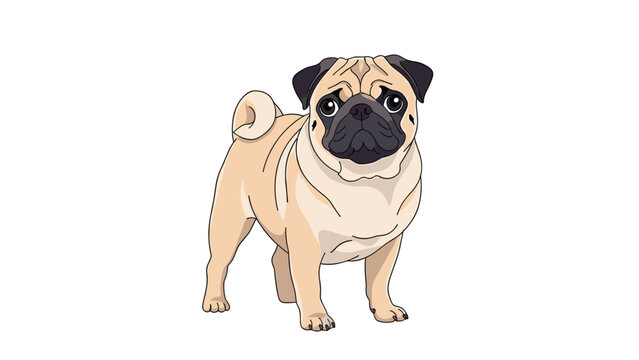 Friendly pug dog standing alert with its characteristic wrinkled face and curly tail in a clean vector style.