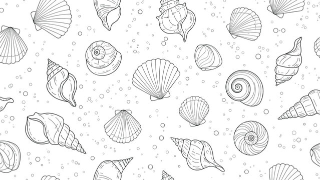 Detailed seamless pattern of hand drawn seashell sketches in black and white line art with bubbles on white ground.