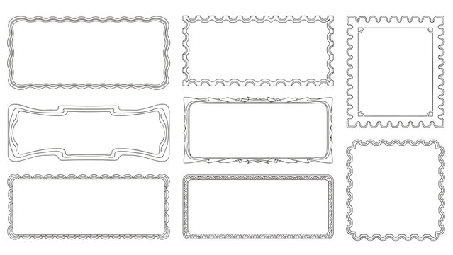 Collection of eight decorative rectangular frames with unique wavy and scalloped borders in a black line art style.