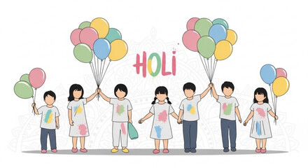 Fototapeta premium Children celebrating Holi festival with colorful balloons traditional Indian festival of colors vector illustration on white background