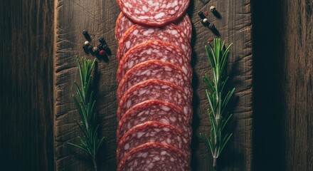 Sliced cured meat and herbs arranged on a wooden board. Rustic, overhead shot