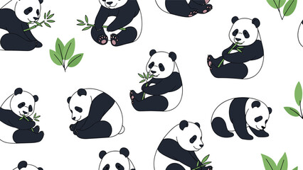 Obraz premium Charming seamless pattern featuring giant pandas sitting and eating green bamboo stalks on a clean white background for a playful look.