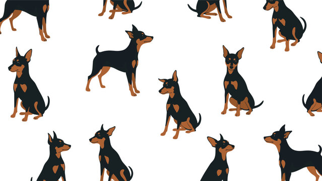 Seamless pattern featuring miniature pinscher dogs in sitting and standing poses, colored in black and tan on a white background.