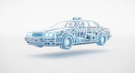 Wireframe police car schematic blueprint digital rendering. © Hini