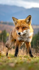 A fox stands alert in a grassy field, mountains in background