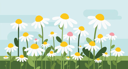 A cheerful illustration of daisies, featuring various blooms, and greenery